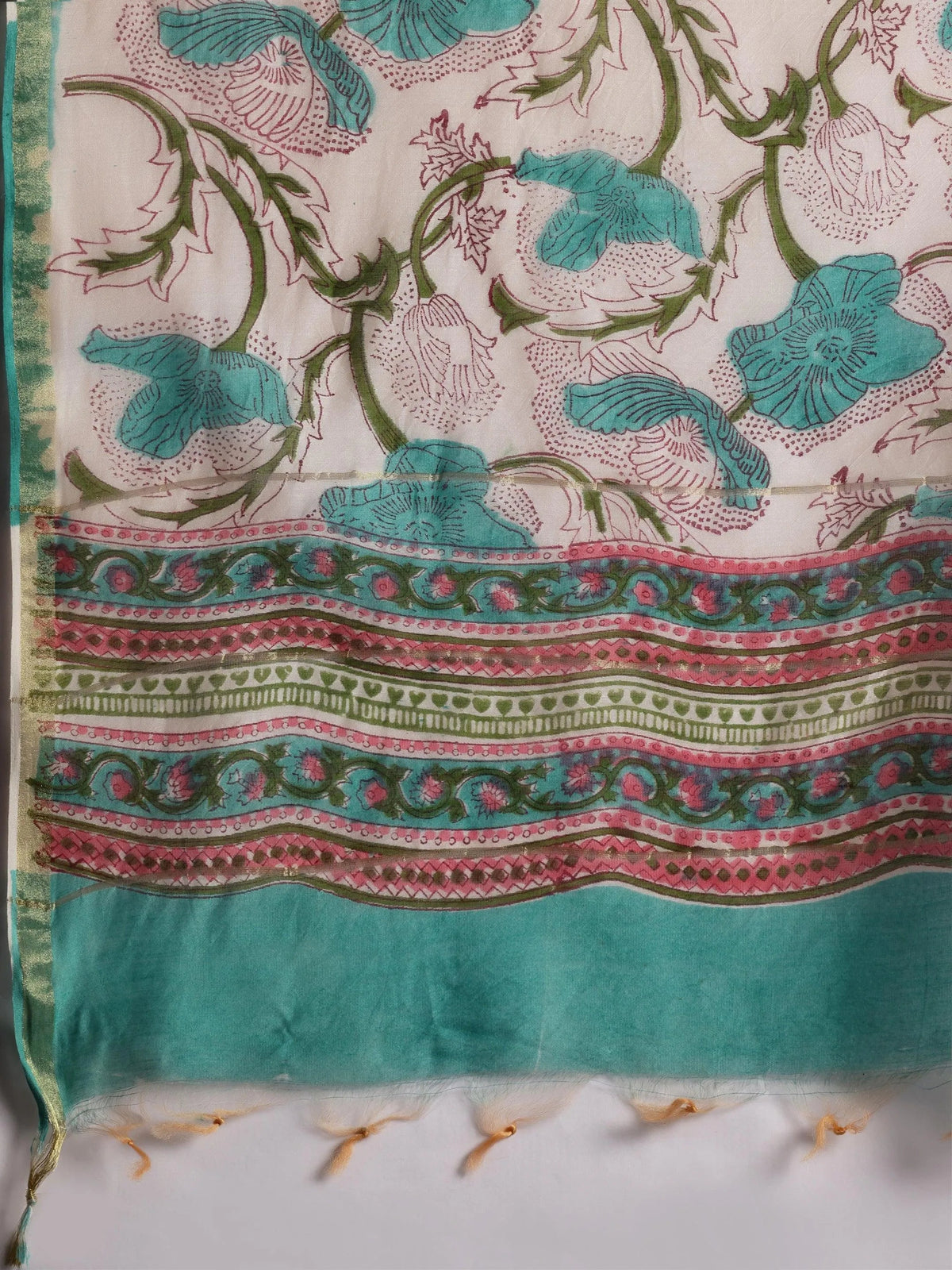 Gerua Turquoise Printed Cotton Blend Straight Suit With Dupatta