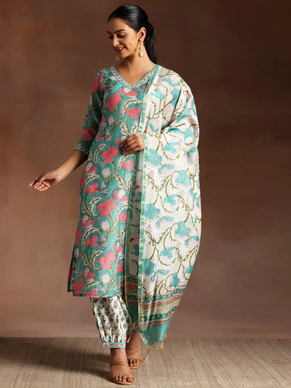 Gerua Turquoise Printed Cotton Blend Straight Suit With Dupatta