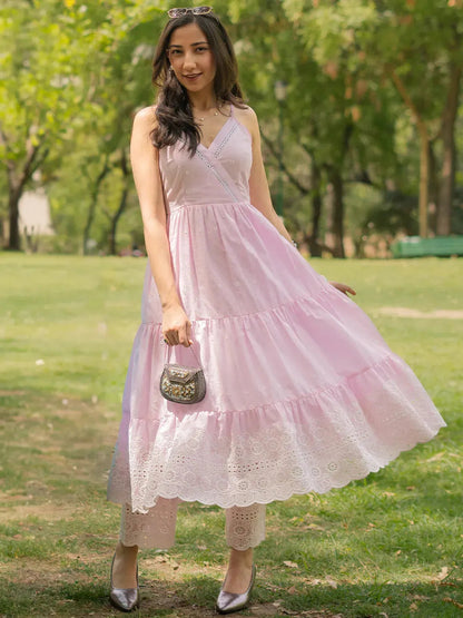 Libas Pink Self Design Cotton Anarkali Kurta With Trousers