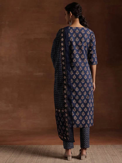 Libas Blue Printed Cotton Straight Suit With Dupatta