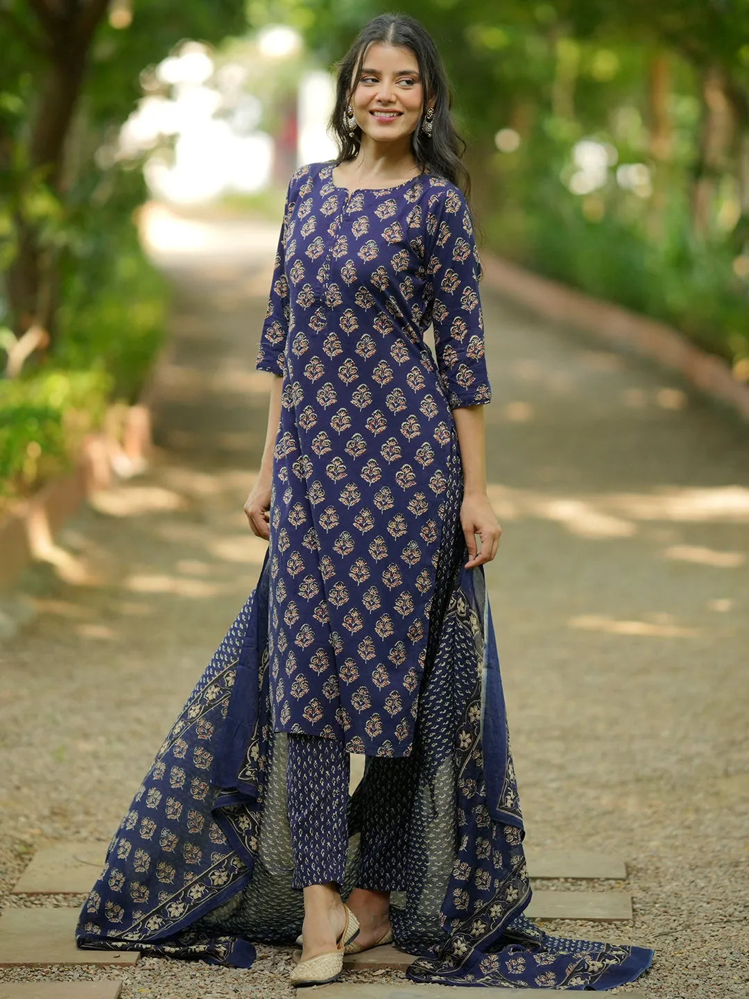 Libas Blue Printed Cotton Straight Suit With Dupatta