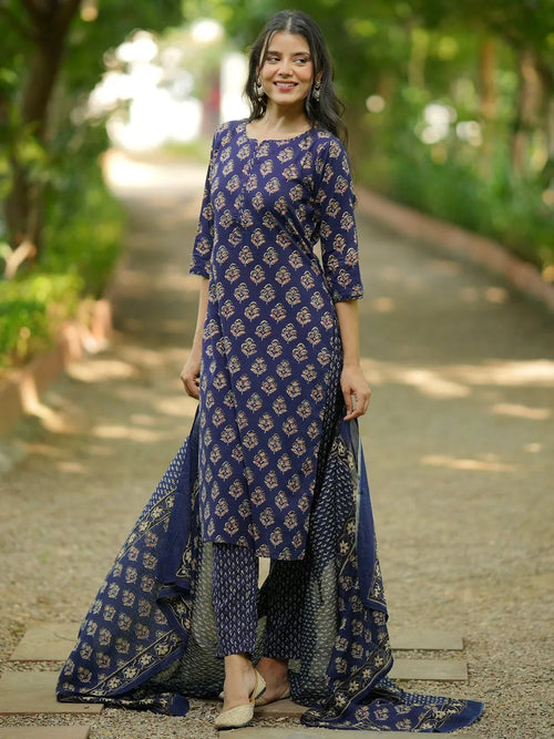 Libas Blue Printed Cotton Straight Suit With Dupatta