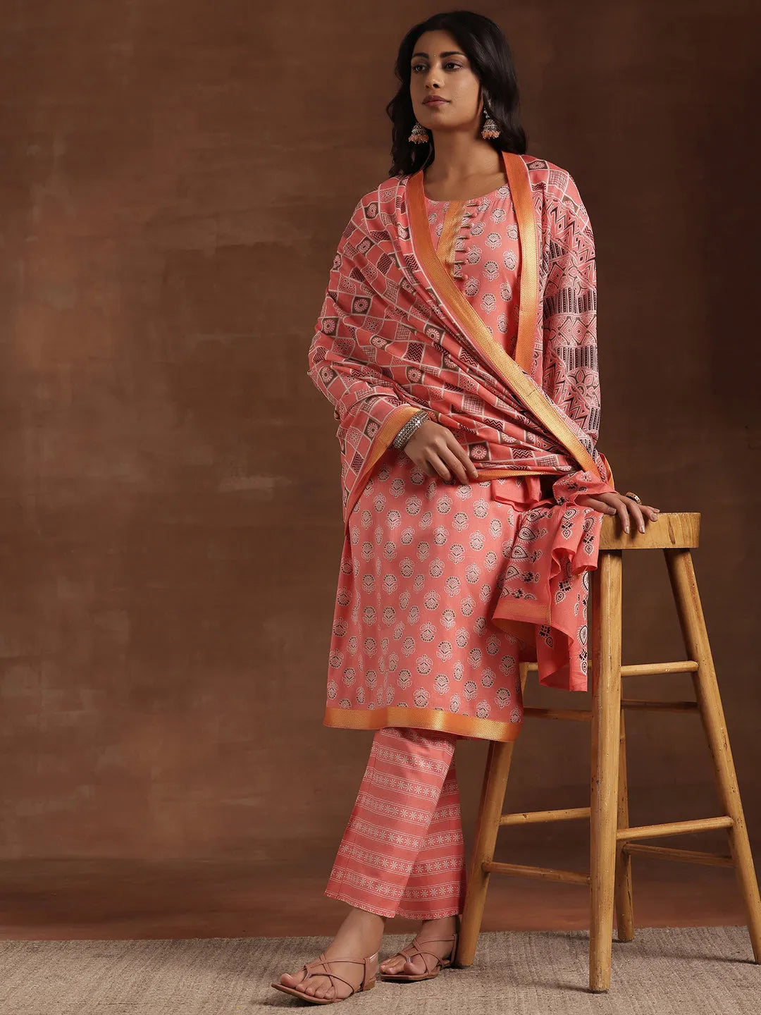 Libas Peach Printed Cotton Straight Suit With Dupatta