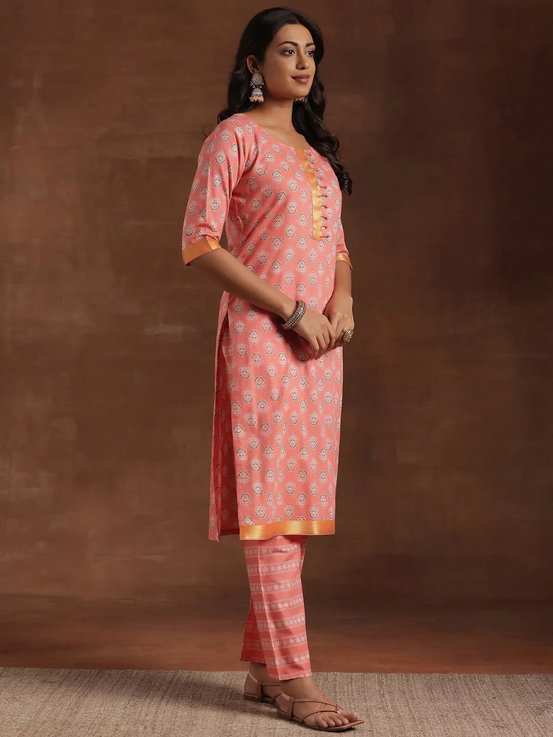 Libas Peach Printed Cotton Straight Suit With Dupatta