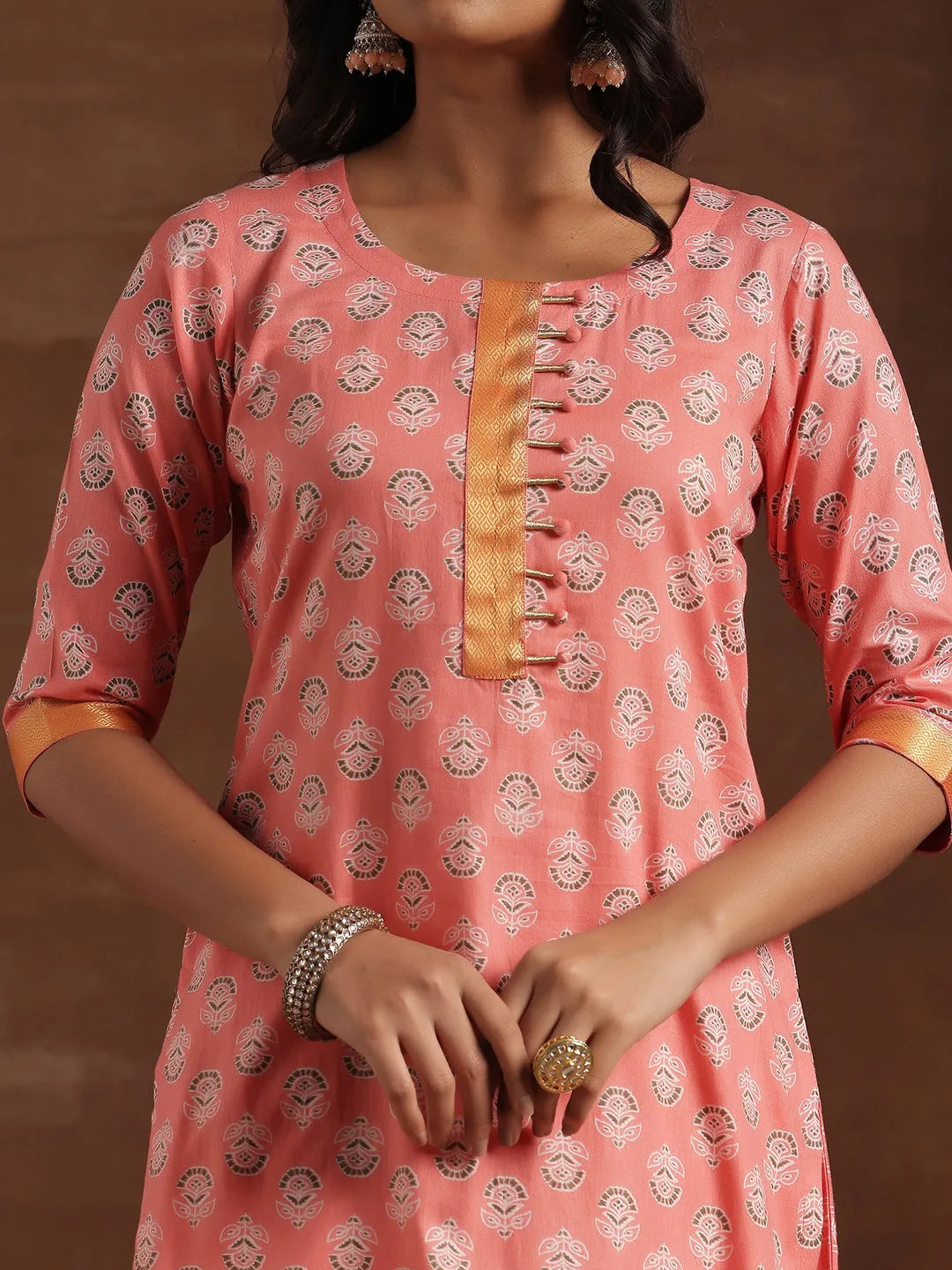 Libas Peach Printed Cotton Straight Suit With Dupatta