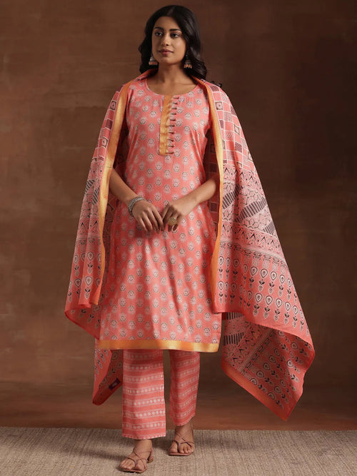 Libas Peach Printed Cotton Straight Suit With Dupatta