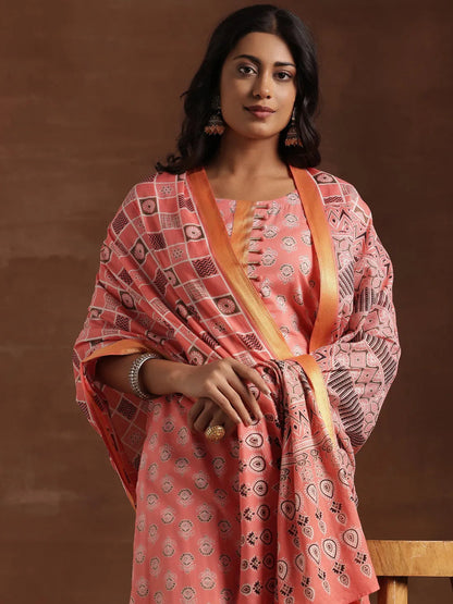 Libas Peach Printed Cotton Straight Suit With Dupatta