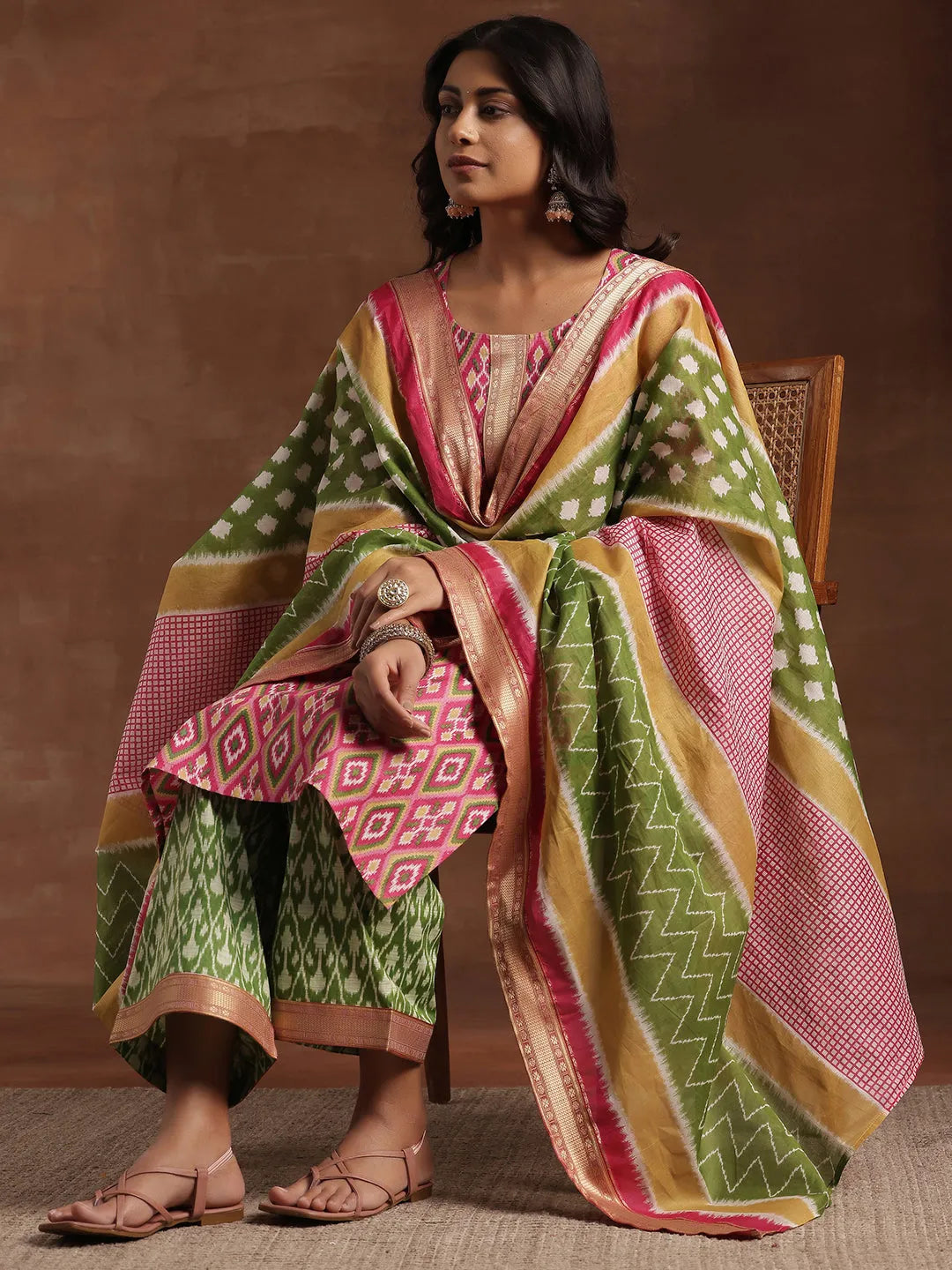 Libas Pink Printed Cotton Straight Suit With Dupatta