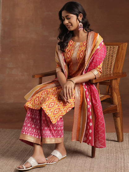Libas Orange Printed Cotton Straight Suit With Dupatta