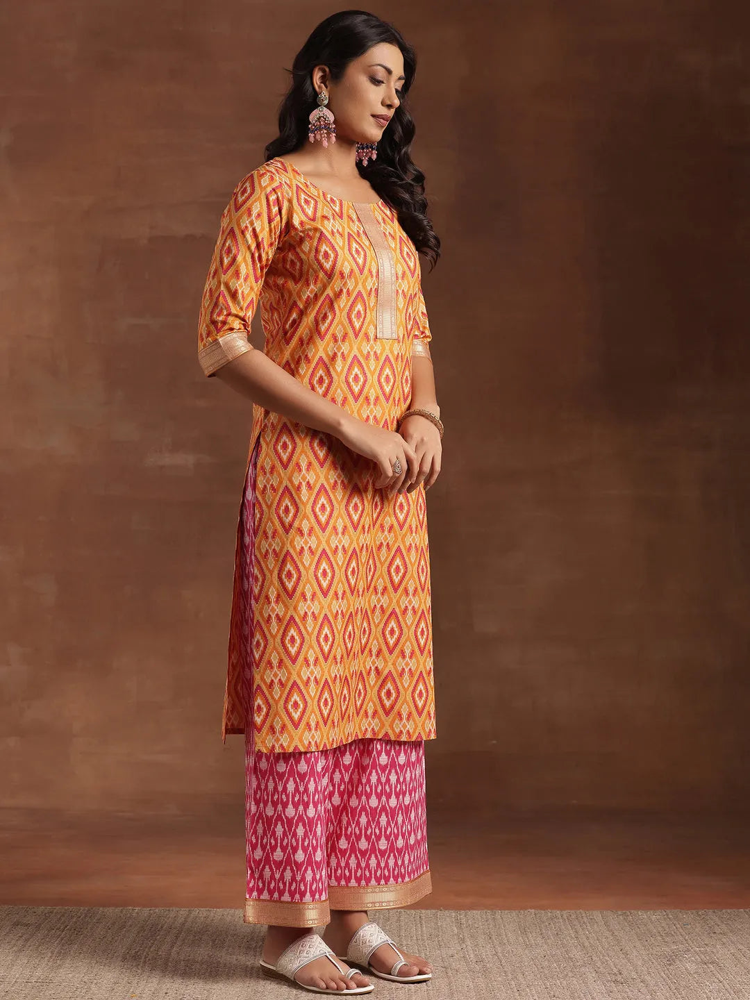 Libas Orange Printed Cotton Straight Suit With Dupatta