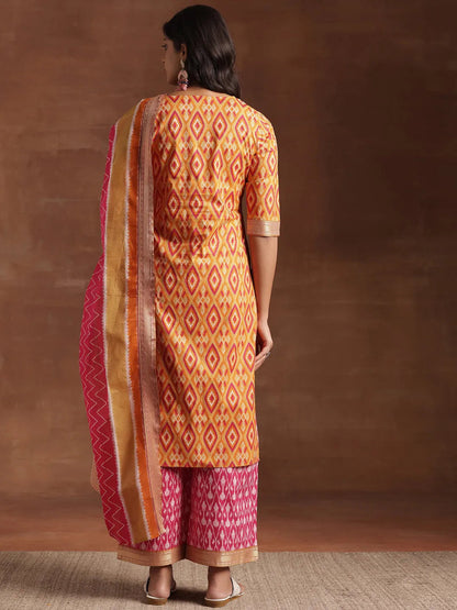Libas Orange Printed Cotton Straight Suit With Dupatta