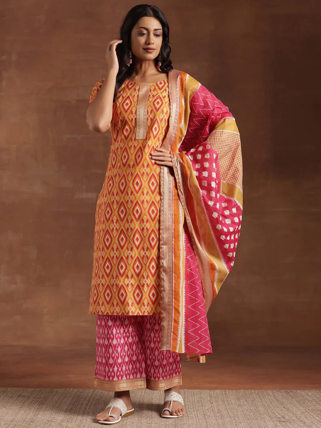 Libas Orange Printed Cotton Straight Suit With Dupatta