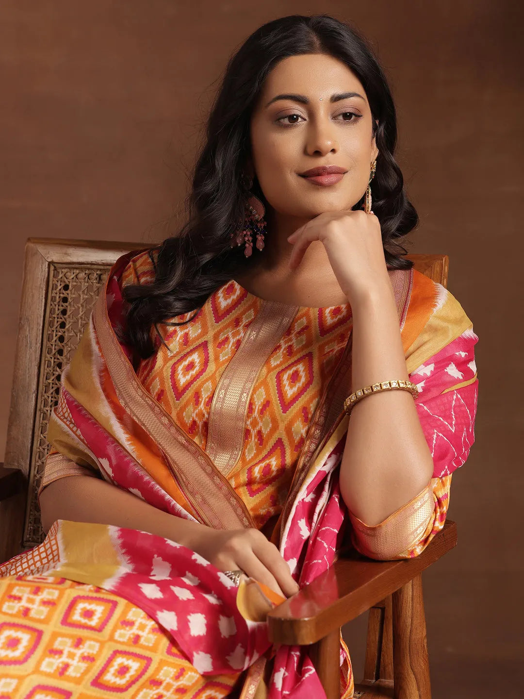 Libas Orange Printed Cotton Straight Suit With Dupatta