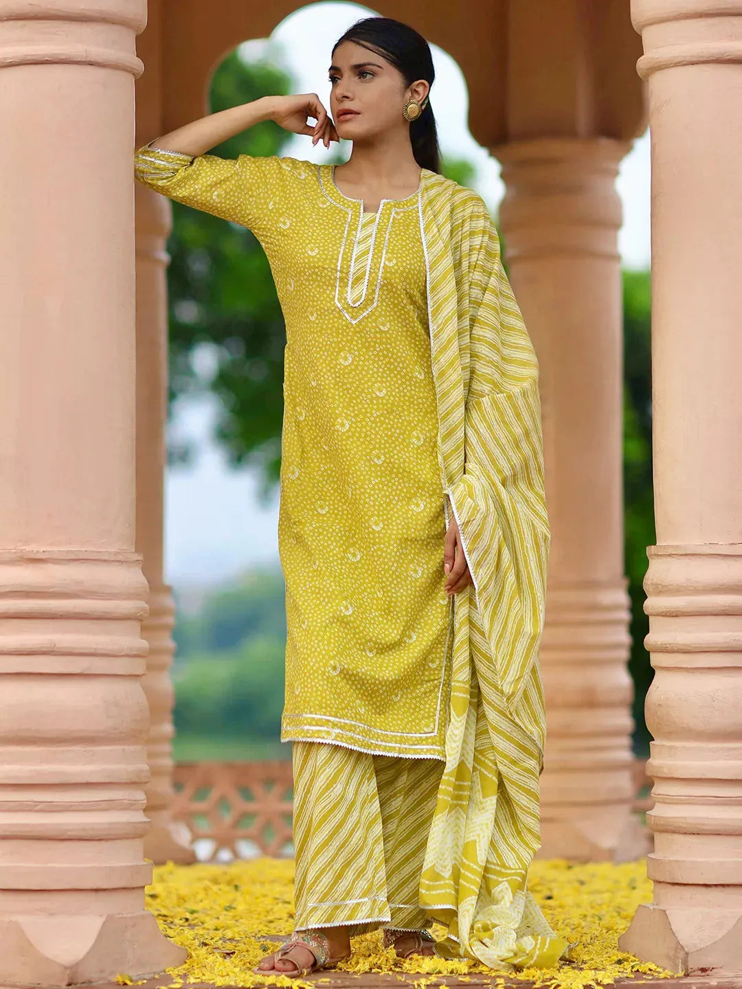 Libas Lime Green Printed Cotton Straight Suit With Dupatta