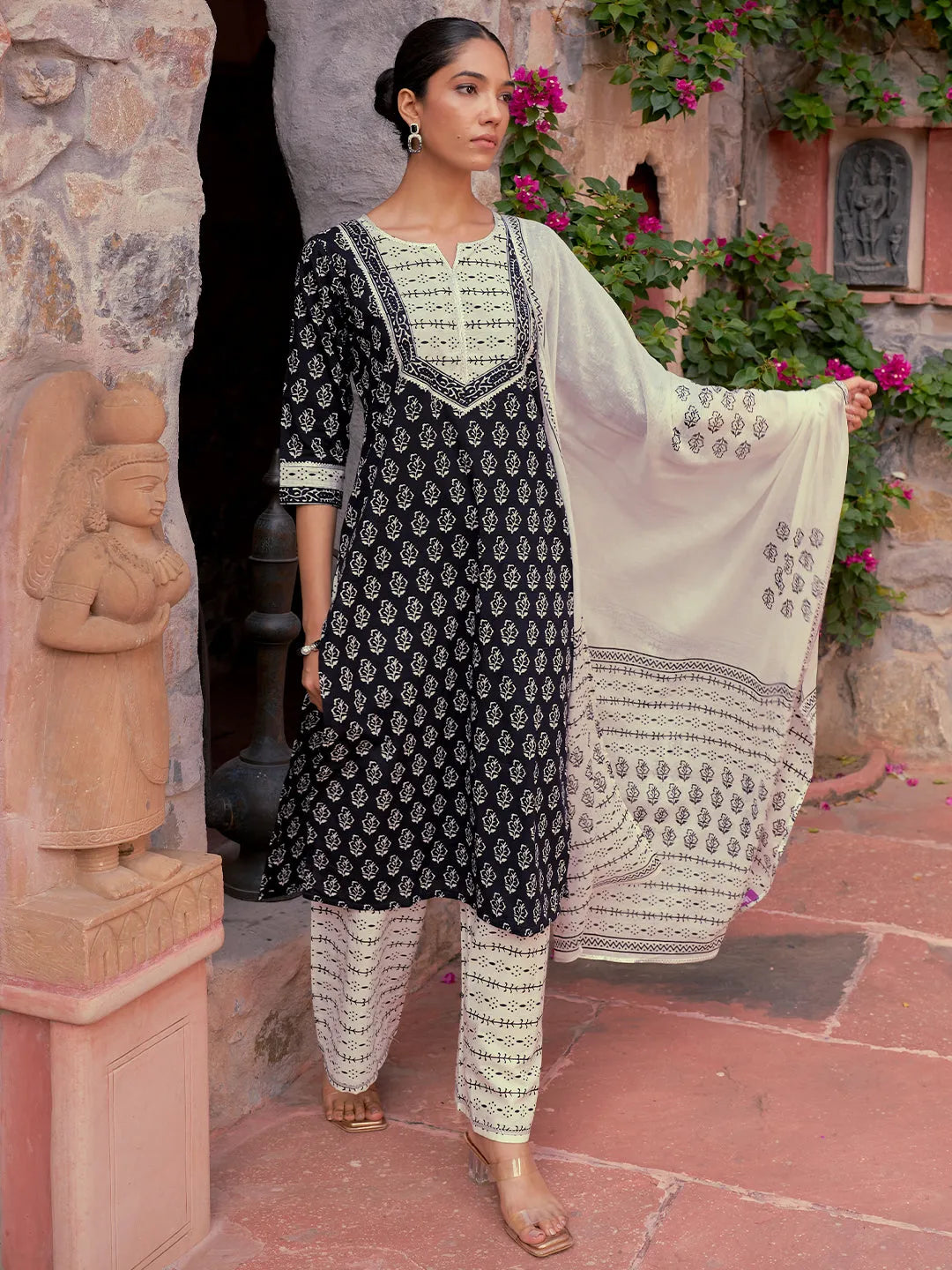 Libas Monochrome Printed Cotton Straight Suit With Dupatta