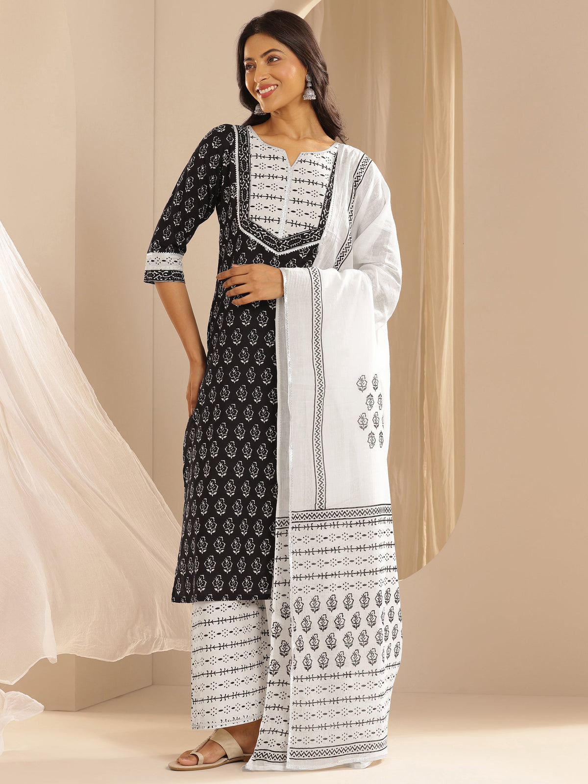 Libas Monochrome Printed Cotton Straight Suit With Dupatta