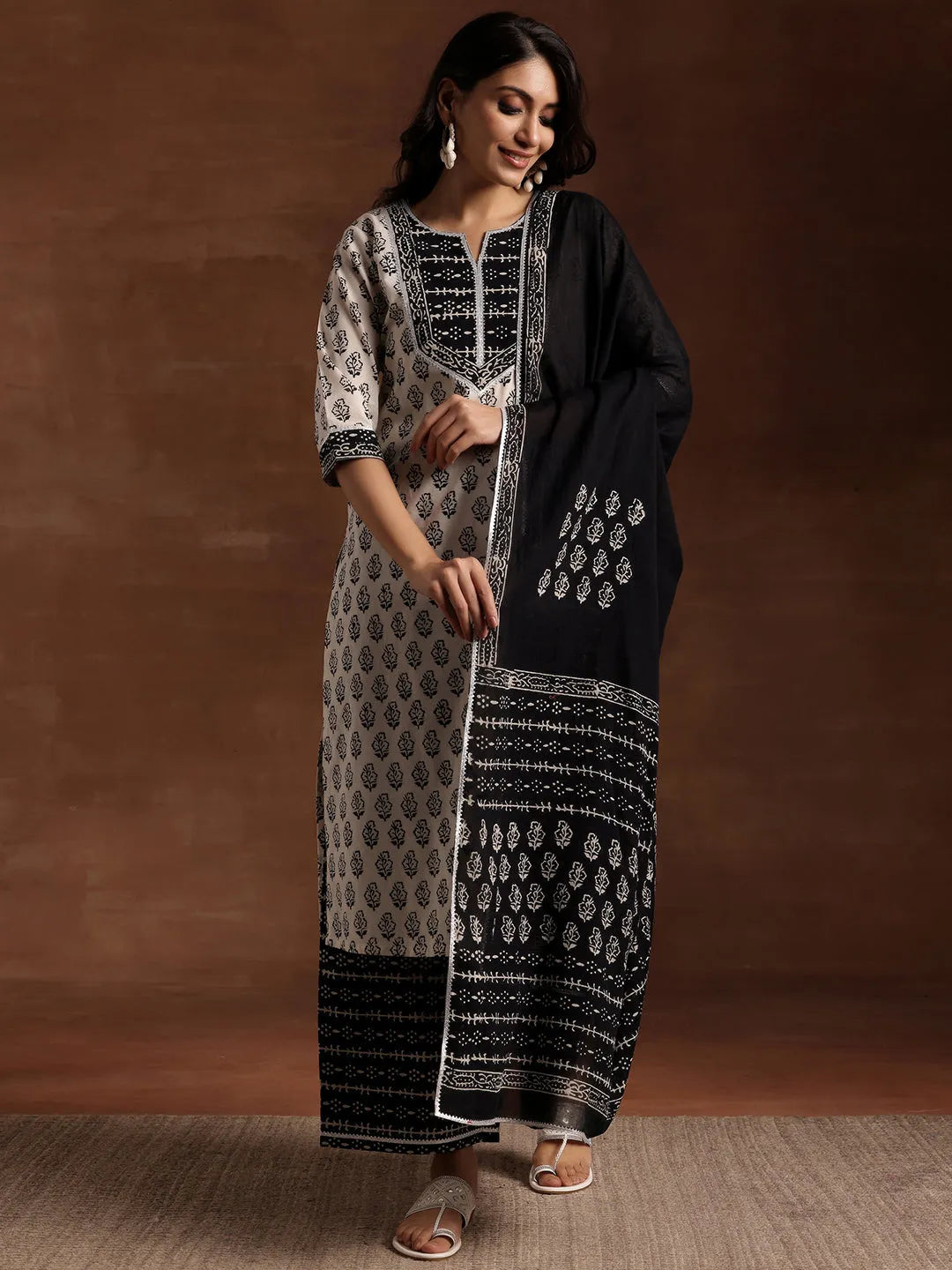 Libas Monochrome Printed Cotton Straight Suit With Dupatta