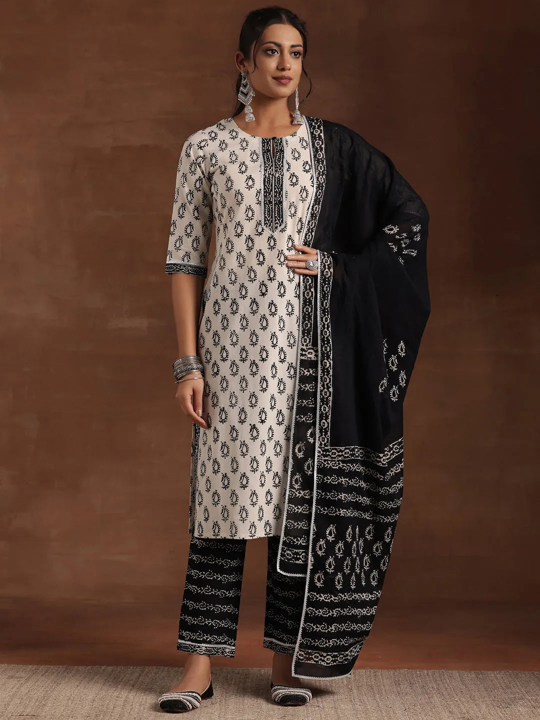 Libas Monochrome Printed Cotton Straight Suit With Dupatta