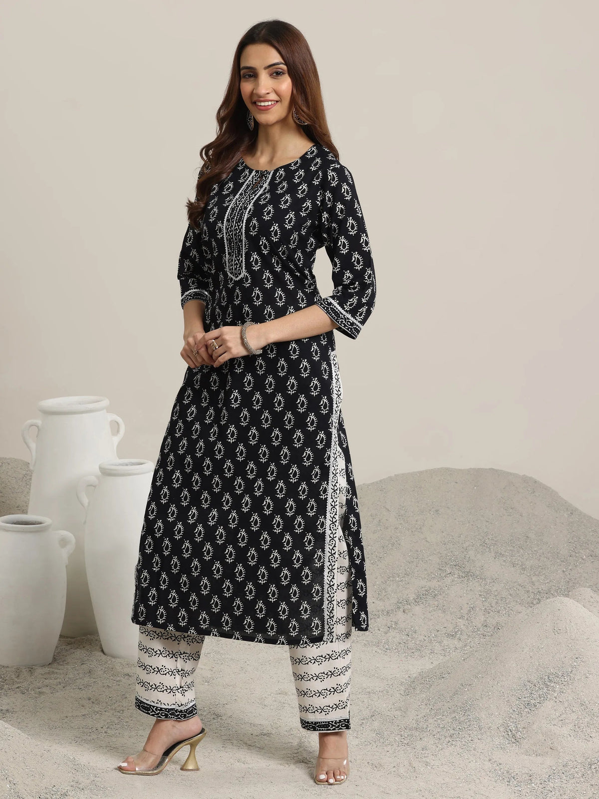 Libas Black Printed Cotton Straight Suit With Dupatta