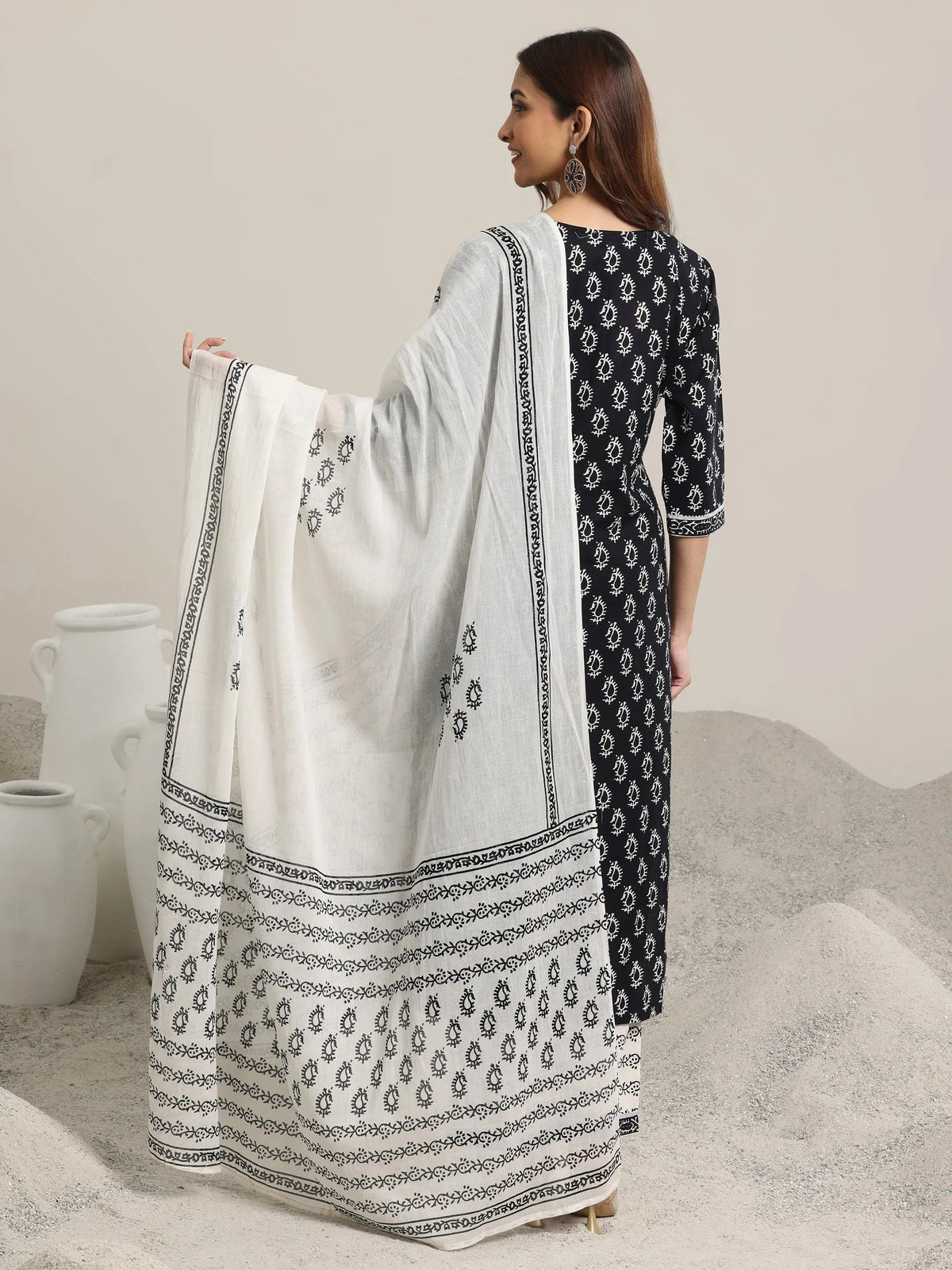 Libas Black Printed Cotton Straight Suit With Dupatta