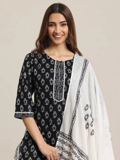Libas Black Printed Cotton Straight Suit With Dupatta