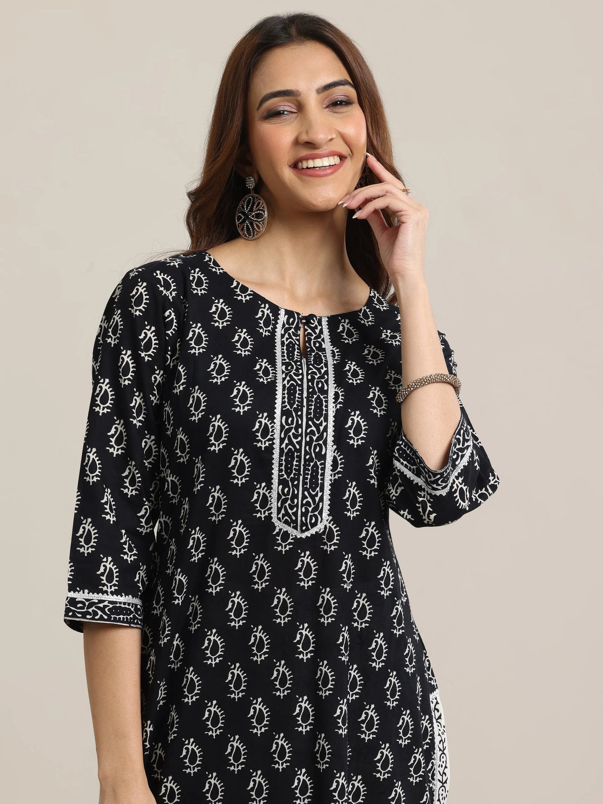 Libas Black Printed Cotton Straight Suit With Dupatta