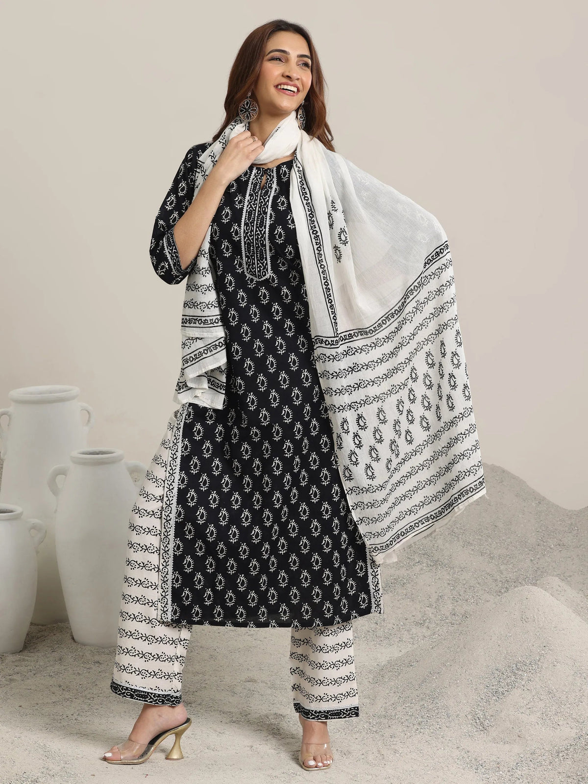 Libas Black Printed Cotton Straight Suit With Dupatta
