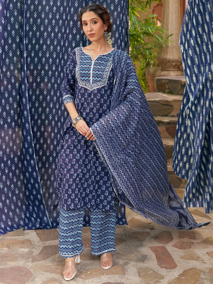 Libas Indigo Printed Cotton Straight Suit With Dupatta