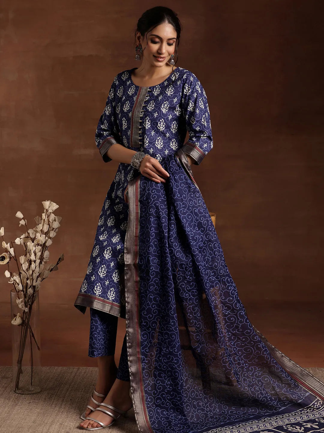 Libas Indigo Printed Cotton Straight Suit With Dupatta
