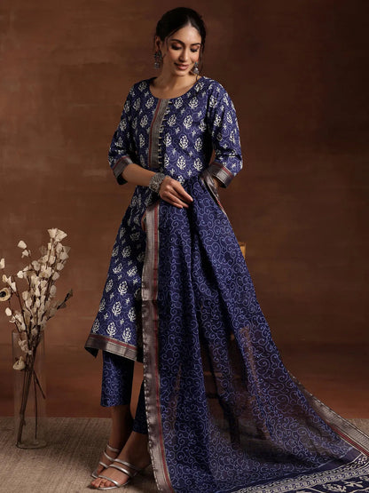 Libas Indigo Printed Cotton Straight Suit With Dupatta