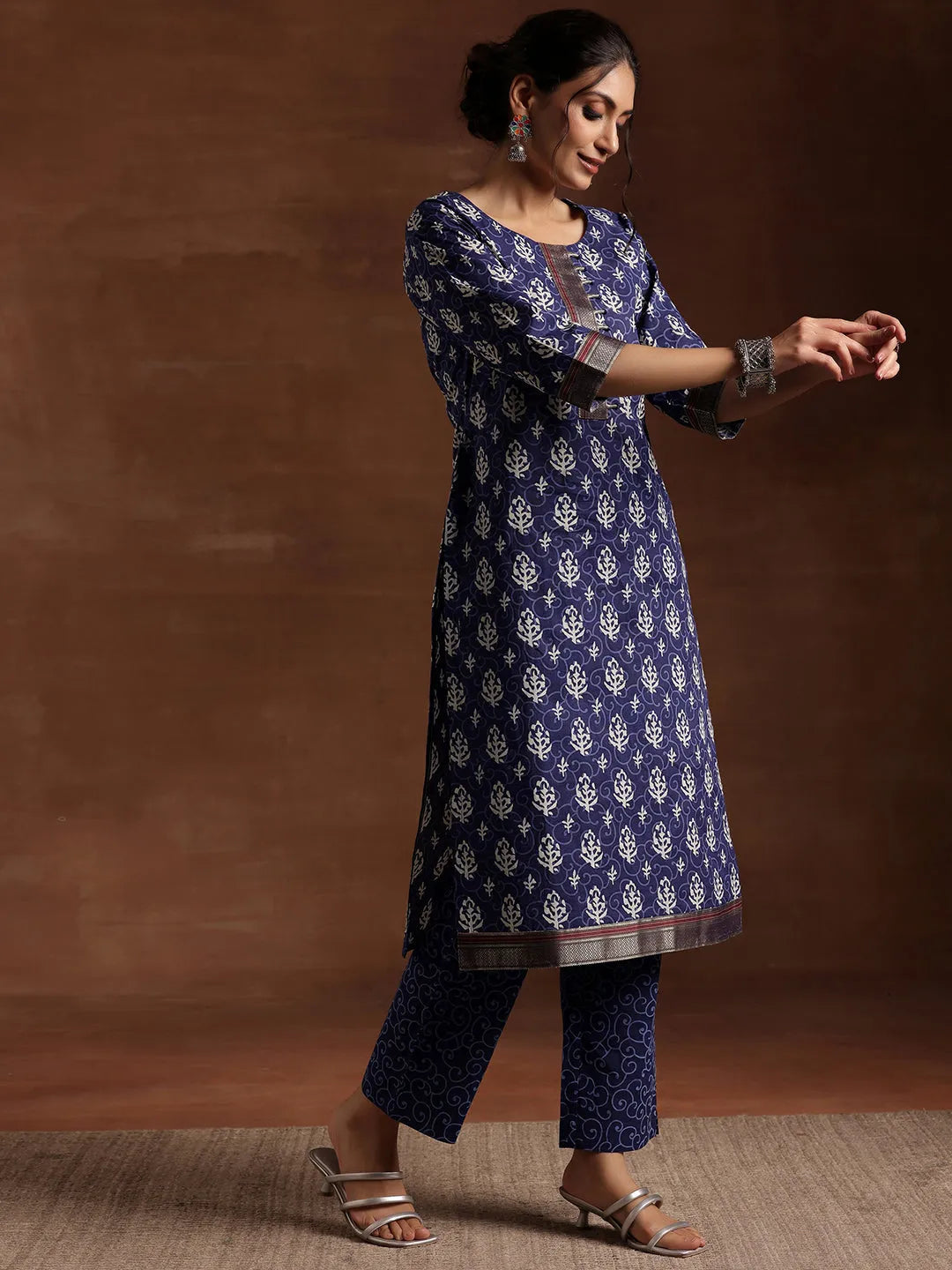 Libas Indigo Printed Cotton Straight Suit With Dupatta