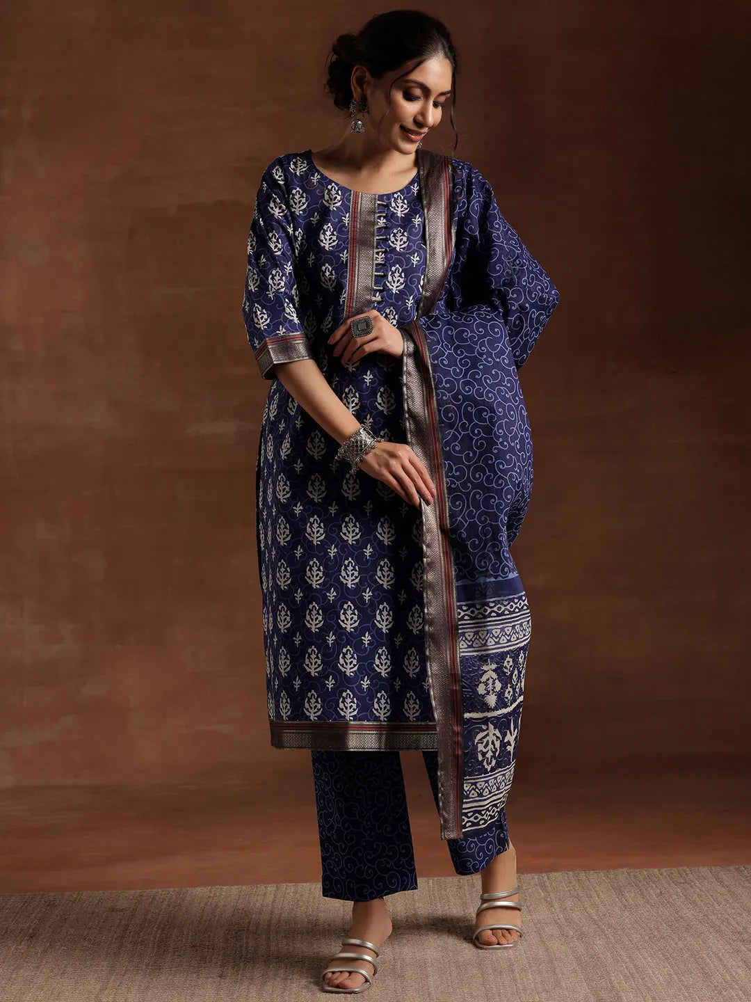 Libas Indigo Printed Cotton Straight Suit With Dupatta