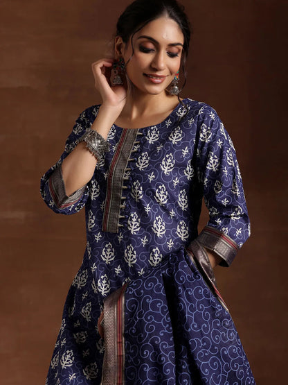 Libas Indigo Printed Cotton Straight Suit With Dupatta