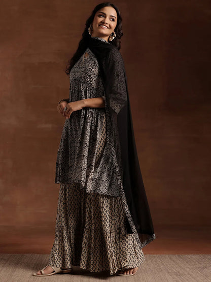 Libas Black Printed Cotton A-Line Kurta With Sharara & Dupatta