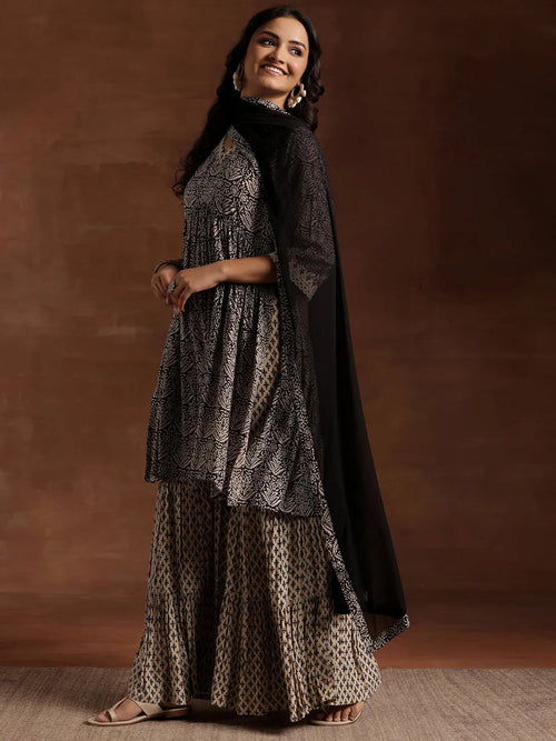 Libas Black Printed Cotton A-Line Kurta With Sharara & Dupatta