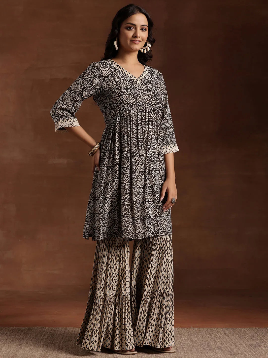 Libas Black Printed Cotton A-Line Kurta With Sharara & Dupatta