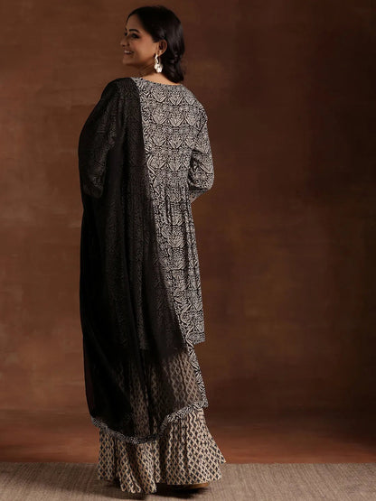 Libas Black Printed Cotton A-Line Kurta With Sharara & Dupatta