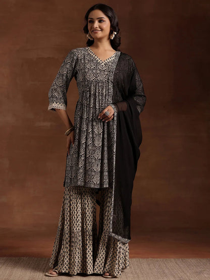 Libas Black Printed Cotton A-Line Kurta With Sharara & Dupatta