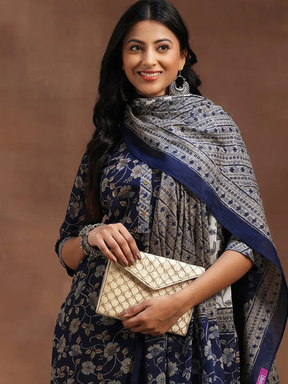 Libas Blue Printed Cotton Straight Suit With Dupatta