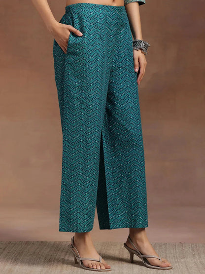 Libas Blue Printed Cotton Straight Suit With Dupatta