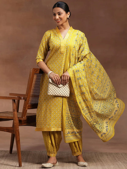 Libas Mustard Printed Cotton Straight Suit With Dupatta