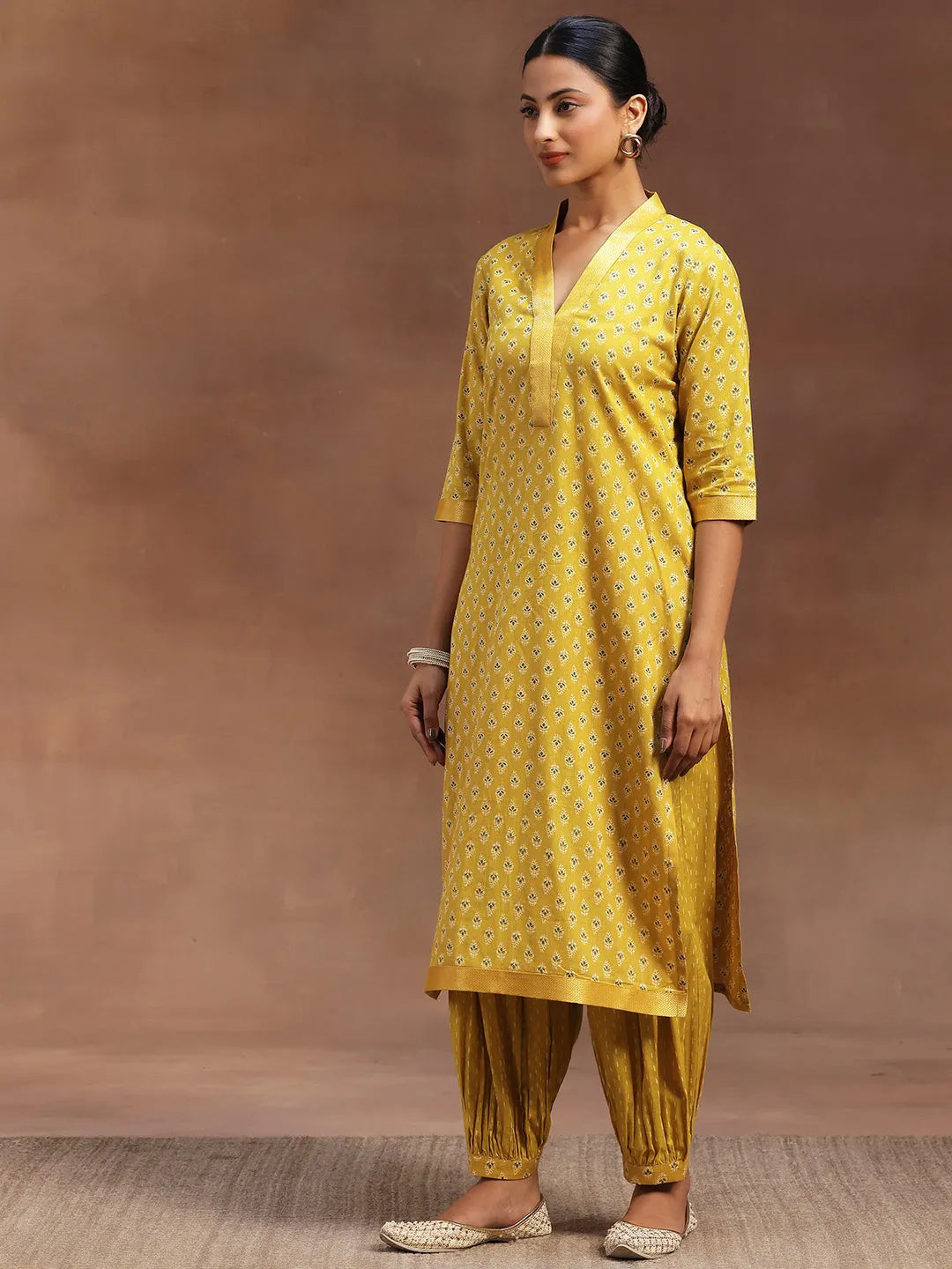 Libas Mustard Printed Cotton Straight Suit With Dupatta