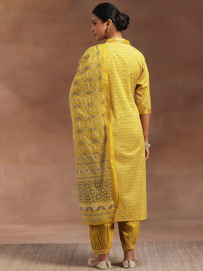 Libas Mustard Printed Cotton Straight Suit With Dupatta