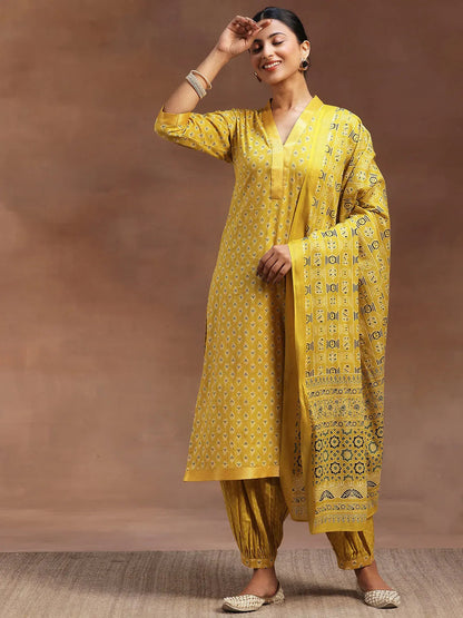 Libas Mustard Printed Cotton Straight Suit With Dupatta