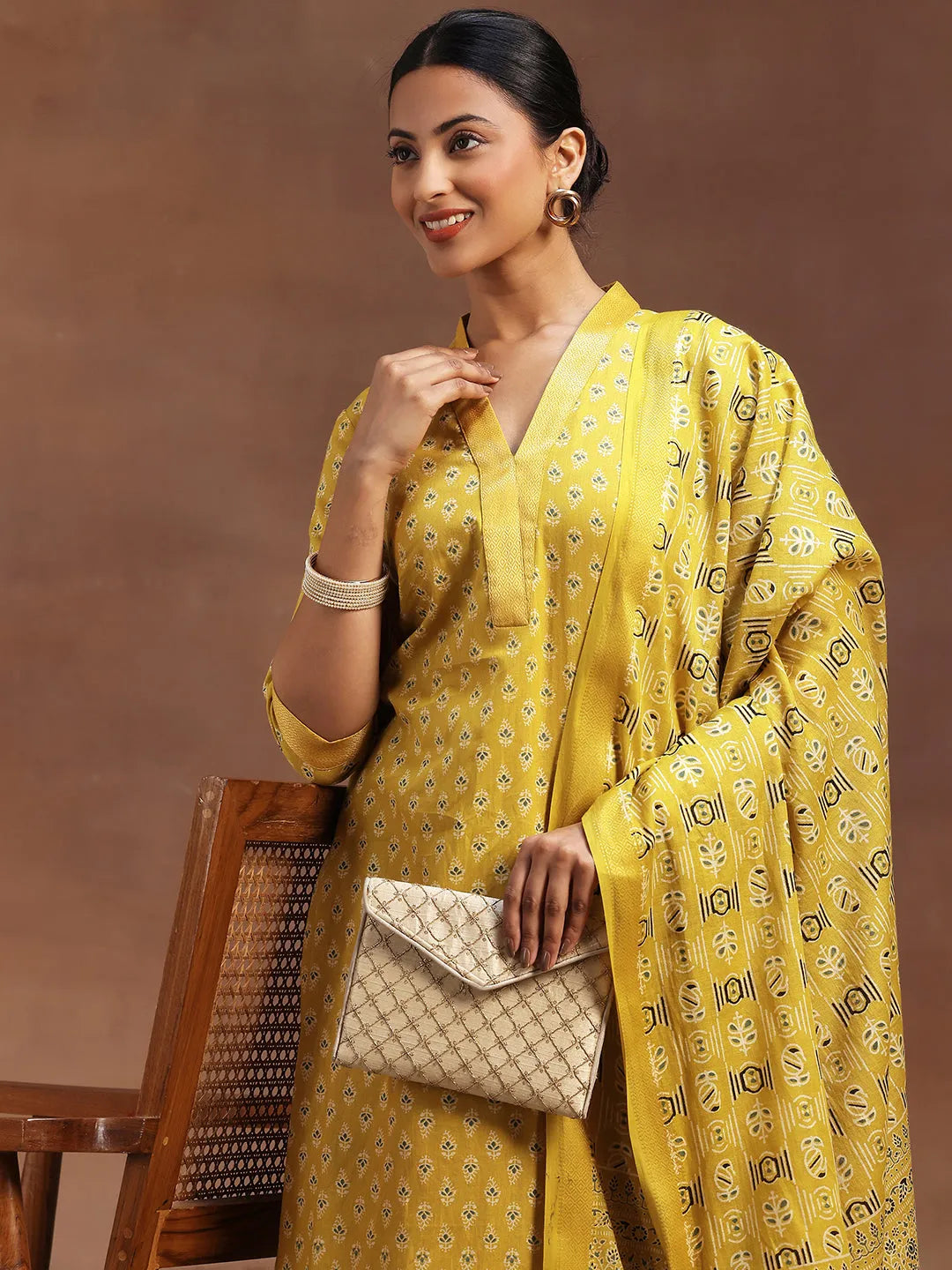 Libas Mustard Printed Cotton Straight Suit With Dupatta