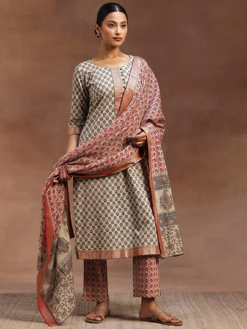 Libas Beige Printed Cotton Straight Suit With Dupatta
