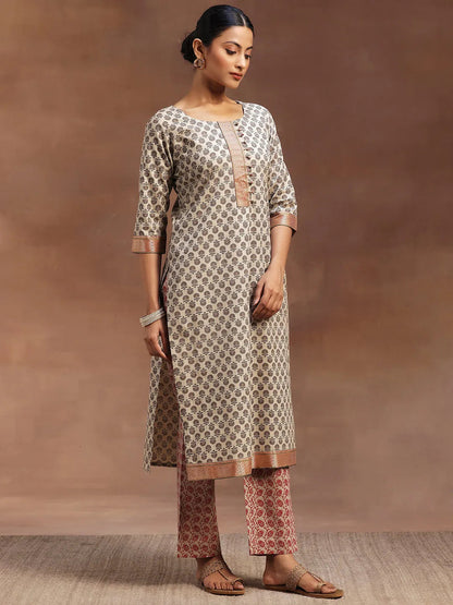 Libas Beige Printed Cotton Straight Suit With Dupatta