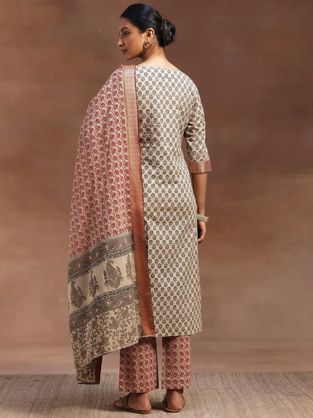 Libas Beige Printed Cotton Straight Suit With Dupatta