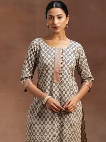 Libas Beige Printed Cotton Straight Suit With Dupatta