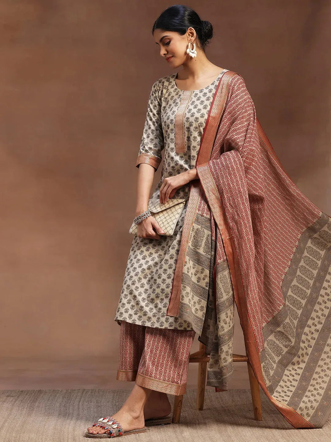 Libas Beige Printed Cotton Straight Suit With Dupatta